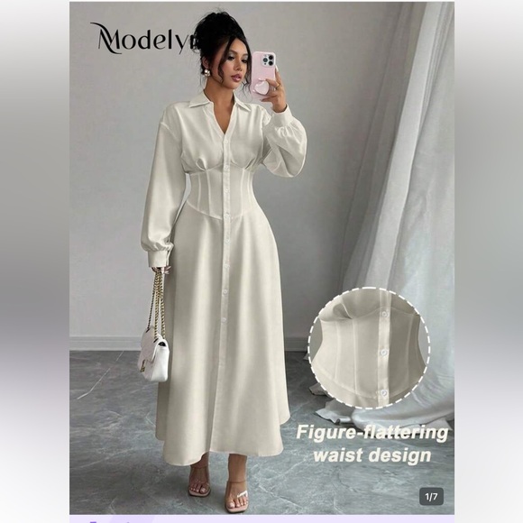 othe Dresses & Skirts - Cream Button-Front Maxi Shirt Dress with Corset Waist